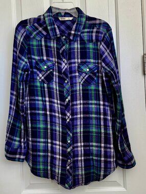 Old Navy Gauze Cotton Plaid Shirt Pearlized Snap Long Sleeve Western Rodeo Sz L